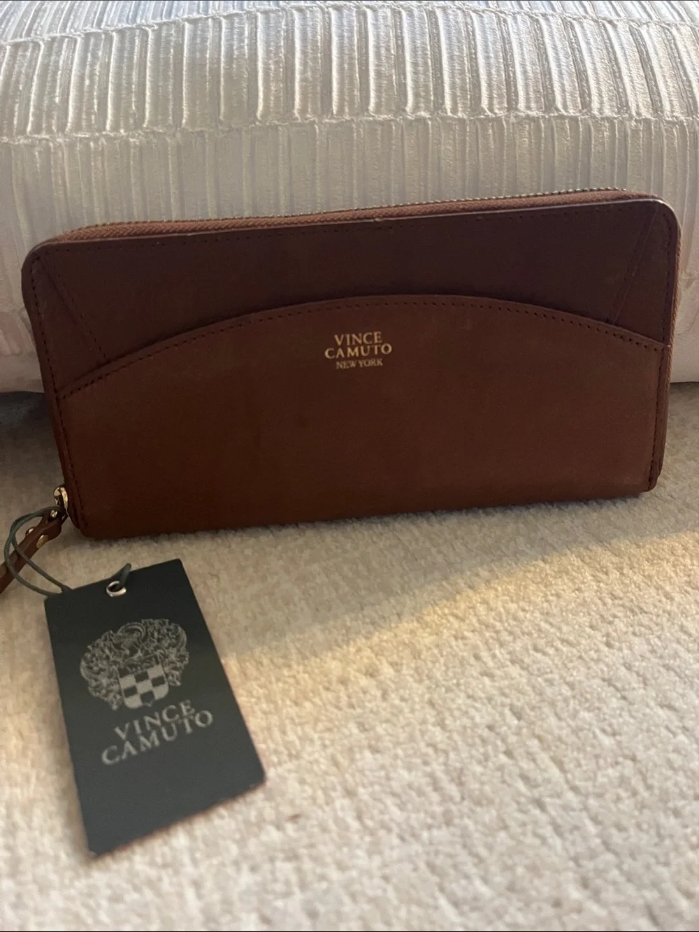 Vince Camuto Brown Leather Zip Wallet with Gold Logo